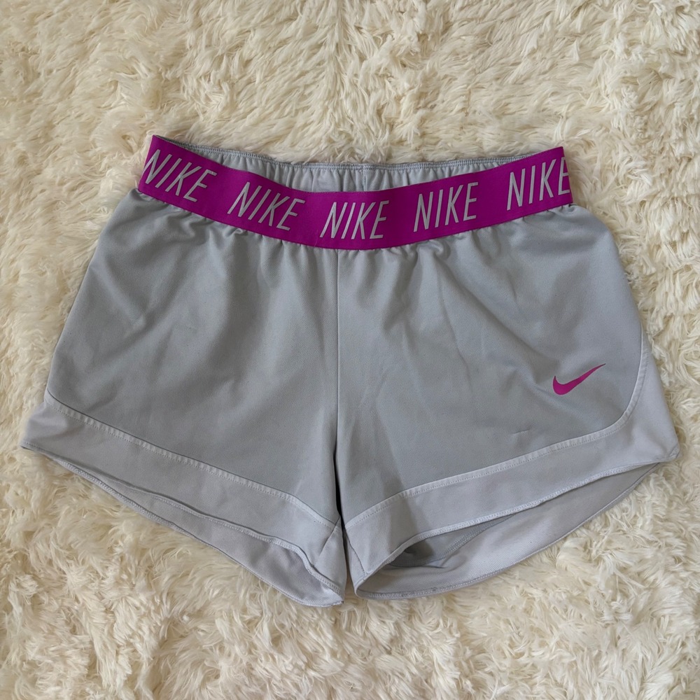 Nike Dri-FIT Grey Running Shorts Purple Logo Waistband Womens Medium Gym Workout